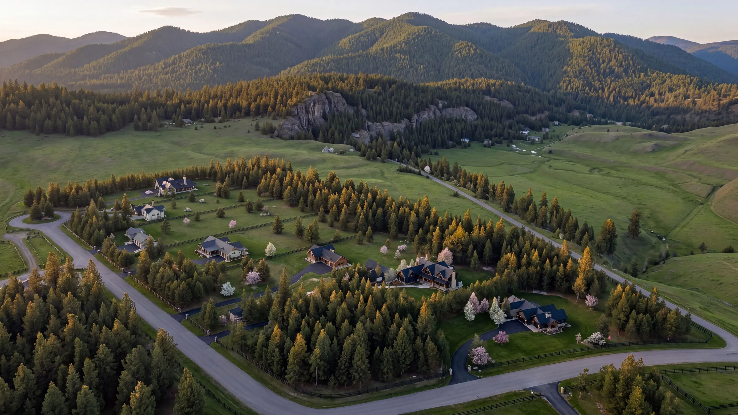 Aerial view of Clagstone Country Estates — homesites scattered through meadow and pines beneath the Cabinet Mountains.
