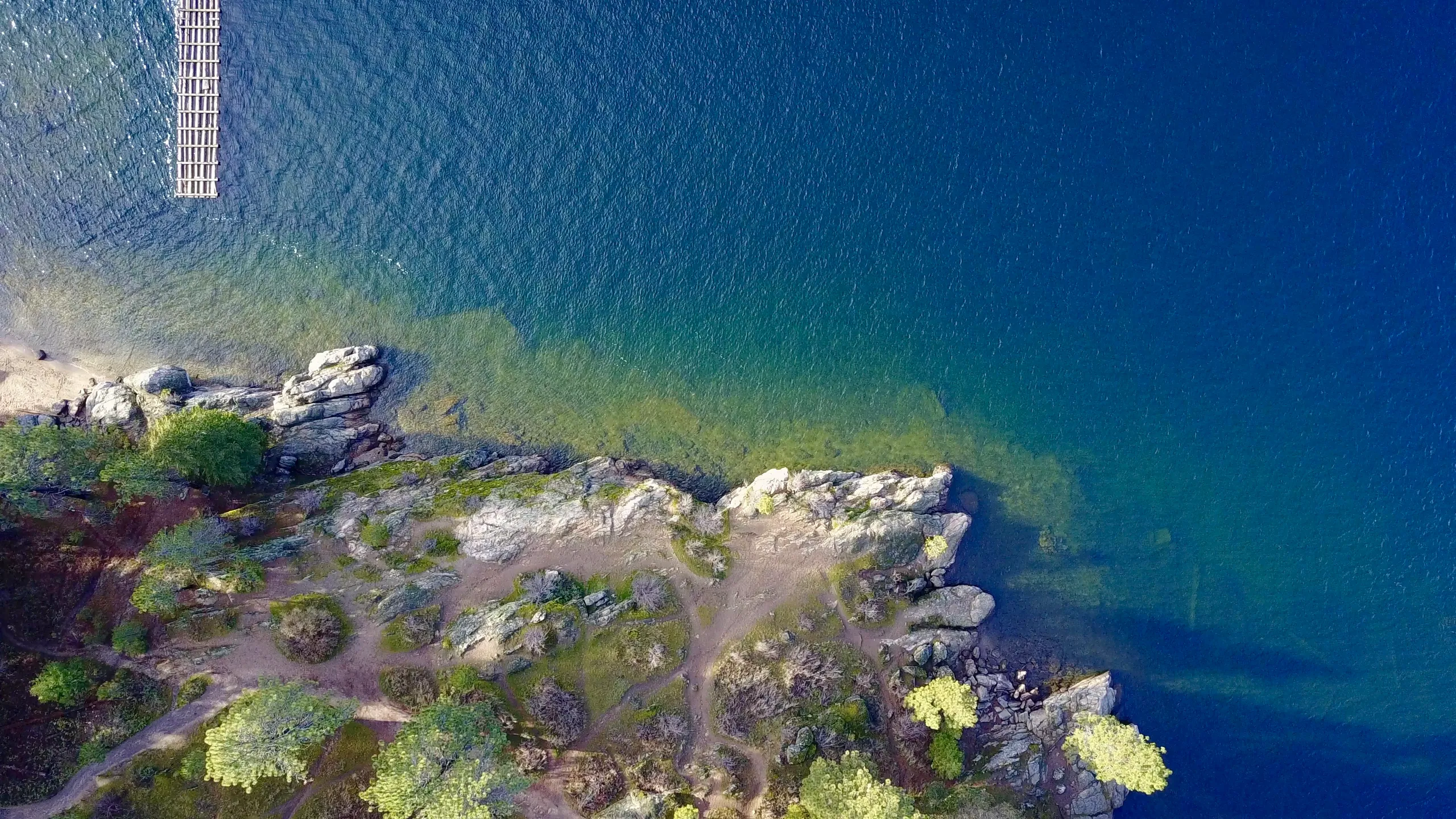 Lake Coeur d'Alene shoreline seen from directly above, a dock reaching out from the rocks into clear water.