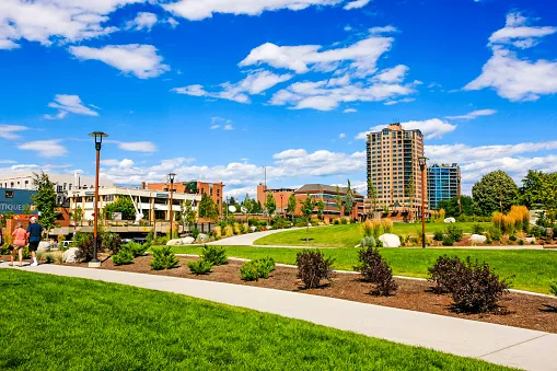 McEuen Park and the Coeur d’Alene downtown skyline in summer.