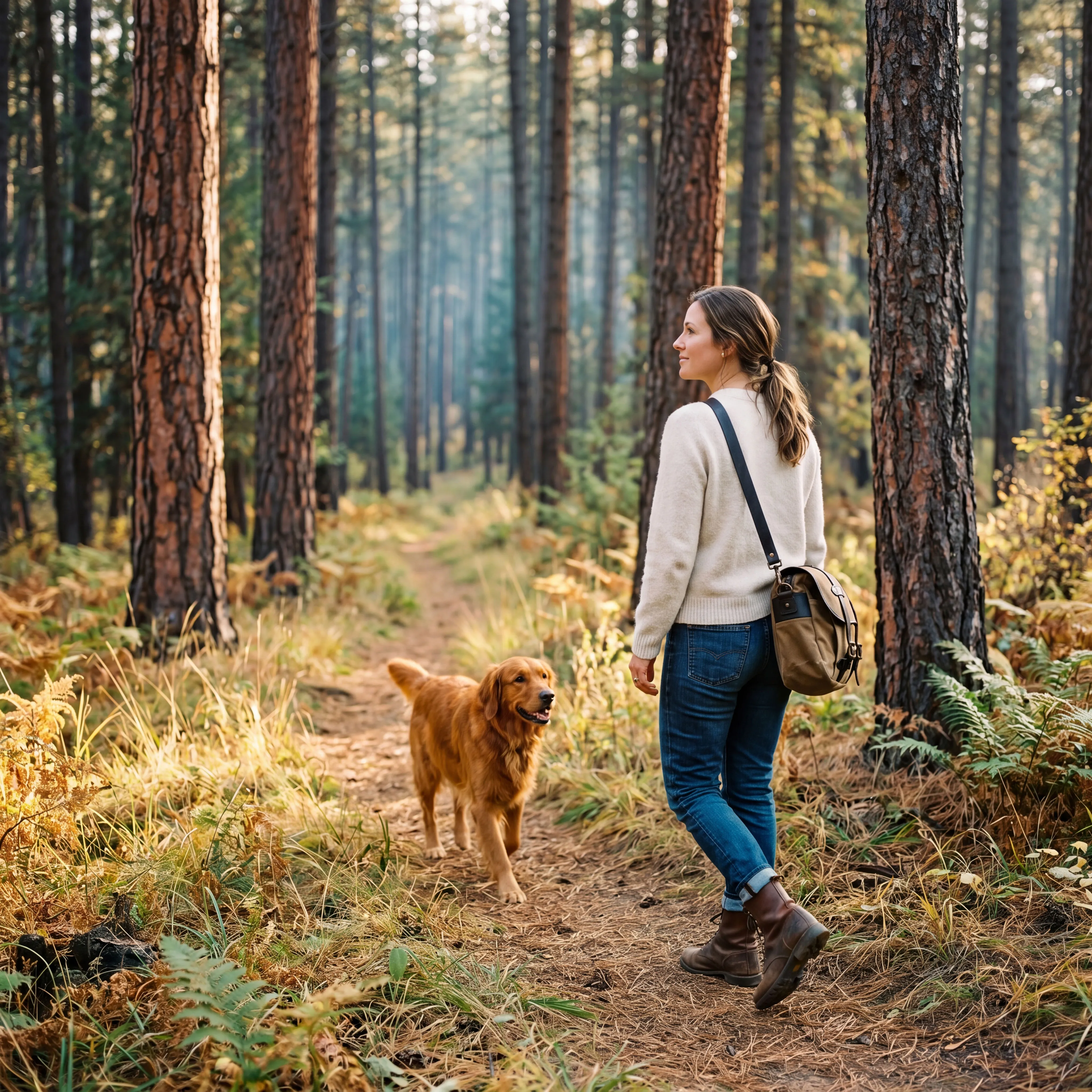 A woman and her golden retriever walking a sun-dappled pine forest trail.