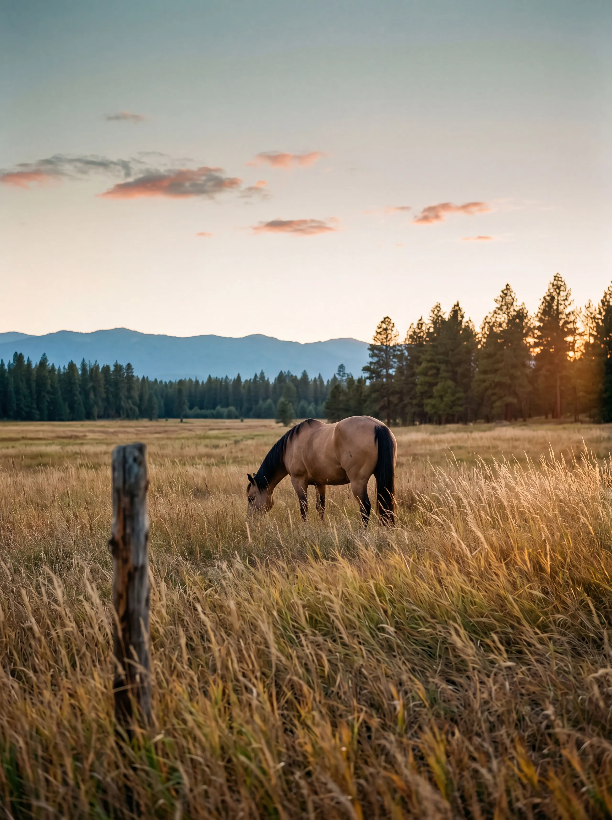 A buckskin horse grazing tall golden grass on North Idaho acreage, timber and mountains behind.