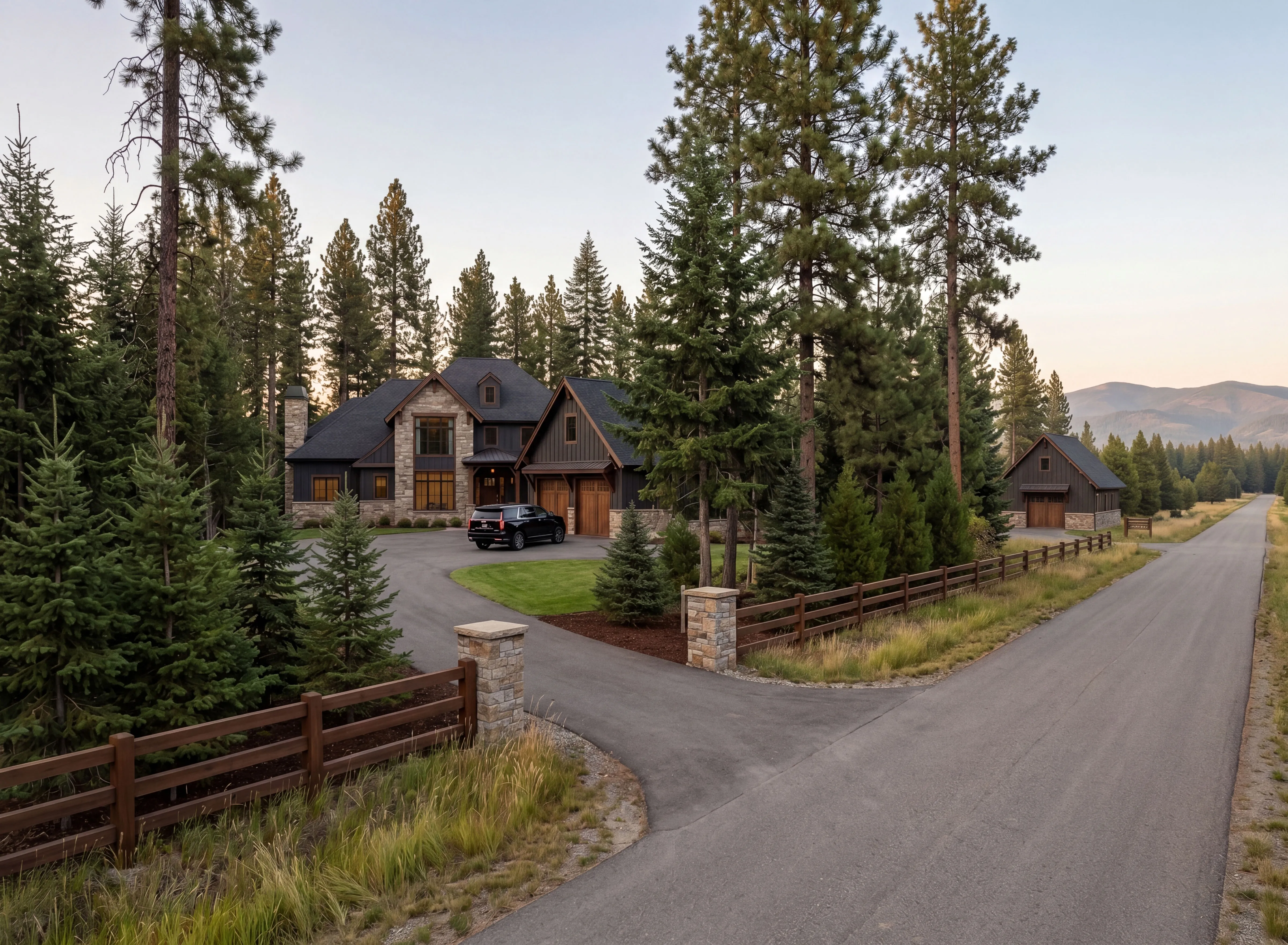 A custom timber-and-stone Clagstone home with mature pines and a fenced driveway.
